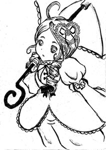 Rating: Safe Score: 0 Tags: 1girl ahoge dress drill_hair frills greyscale hat holding_umbrella image kanaria long_sleeves monochrome parasol puffy_sleeves solo umbrella User: admin