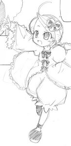 Rating: Safe Score: 0 Tags: 1girl :d ahoge bloomers dress frills full_body greyscale hat image kanaria long_sleeves monochrome open_mouth running smile solo standing standing_on_one_leg white_background User: admin