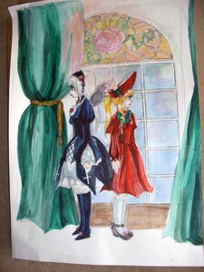 Rating: Safe Score: 0 Tags: blonde_hair boots closed_eyes curtains dress flower hat image multiple_girls pair rose shinku suigintou traditional_media watercolor_(medium) window User: admin