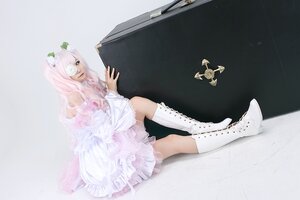 Rating: Safe Score: 0 Tags: 1girl boots dress frills hair_ornament kirakishou knee_boots lips long_hair pink_hair sitting solo white_dress white_footwear User: admin