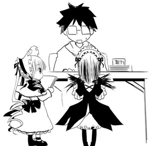 Rating: Safe Score: 0 Tags: 1boy 2girls dress frills greyscale image lolita_hairband long_hair long_sleeves monochrome multiple_girls pair shinku standing suigintou wings User: admin