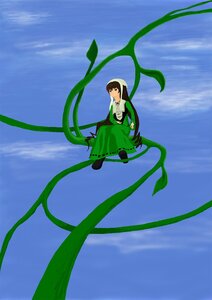 Rating: Safe Score: 0 Tags: 1girl blue_sky brown_hair cloud day dress green_dress image long_hair long_sleeves outdoors plant sky solo suiseiseki very_long_hair vines User: admin