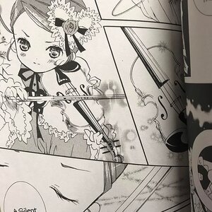 Rating: Safe Score: 0 Tags: 1girl blush bonnet bow_(instrument) dress flower frills greyscale guitar hat instrument long_sleeves monochrome music musical_note rose violin User: admin