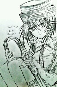 Rating: Safe Score: 0 Tags: 1girl auto_tagged breasts dated frills hat image looking_at_viewer m1umr monochrome short_hair sitting solo souseiseki traditional_media User: admin