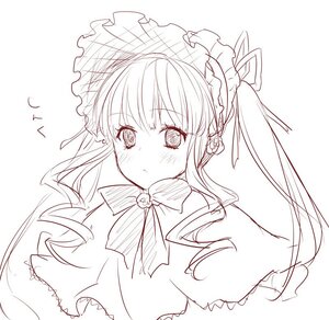 Rating: Safe Score: 0 Tags: 1girl blush bonnet bow bowtie dress image long_hair looking_at_viewer monochrome shinku simple_background solo striped twintails upper_body white_background User: admin