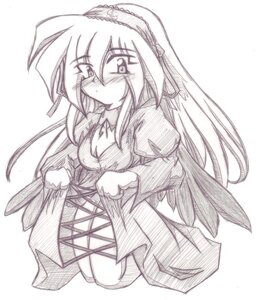 Rating: Safe Score: 0 Tags: 1girl blush breasts cleavage dress greyscale hairband image juliet_sleeves kneeling long_hair long_sleeves monochrome simple_background solo striped suigintou tongue white_background wings User: admin