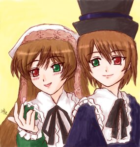 Rating: Safe Score: 0 Tags: 2girls brown_hair dress frills green_eyes hat head_scarf heterochromia image long_hair long_sleeves looking_at_viewer multiple_girls pair red_eyes short_hair siblings simple_background sisters smile souseiseki suiseiseki top_hat twins yellow_background User: admin