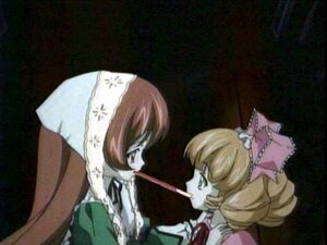 Rating: Safe Score: 0 Tags: 2girls blonde_hair bow dress drill_hair hina_ichigo hinaichigo image looking_at_another multiple_girls pair pink_bow pocky profile sisters suiseiseki twins User: admin
