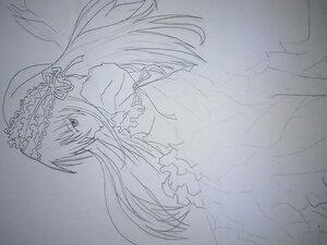 Rating: Safe Score: 0 Tags: 1girl dress floating_hair frills greyscale hairband image long_hair long_sleeves looking_at_viewer monochrome ribbon simple_background solo suigintou traditional_media User: admin