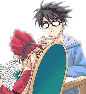 Rating: Safe Score: 0 Tags: 1boy 1girl :o black_hair blonde_hair bonnet book brown_hair cup dress expressionless glasses hair_ribbon hood hooded_sweater image long_hair long_sleeves newspaper open_book parted_lips reading red_dress ribbon rockeight rozen_maiden sakurada_jun shinku sidelocks sitting solo spiked_hair sweater table tea teacup teeth twintails User: admin