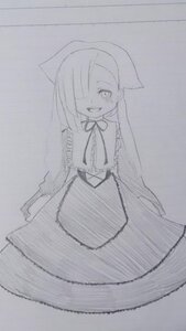 Rating: Safe Score: 0 Tags: 1girl greyscale hair_over_one_eye image long_sleeves monochrome skirt smile solo suiseiseki teeth traditional_media User: admin
