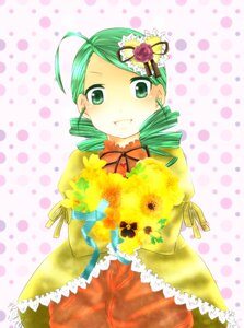 Rating: Safe Score: 0 Tags: 1girl ahoge dress drill_hair flower green_eyes green_hair halftone halftone_background image kanaria long_sleeves looking_at_viewer polka_dot polka_dot_background polka_dot_dress ribbon solo User: admin