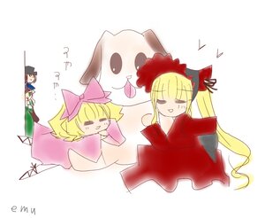Rating: Safe Score: 0 Tags: blonde_hair bow closed_eyes dress hair_bow hair_ornament hinaichigo image long_hair multiple_girls pair pink_bow shinku smile striped tongue User: admin