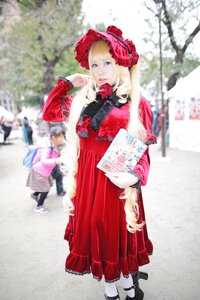 Rating: Safe Score: 0 Tags: 1girl blonde_hair blue_eyes blurry blurry_background blurry_foreground bonnet depth_of_field dress flower frills long_hair photo red_dress rose shinku solo white_legwear User: admin