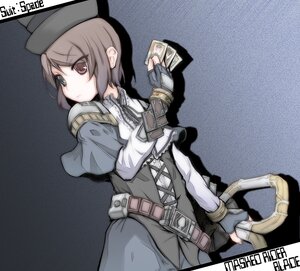 Rating: Safe Score: 0 Tags: 1girl artist_name belt brown_hair card fingerless_gloves gloves hat holding holding_card image long_sleeves short_hair solo souseiseki User: admin