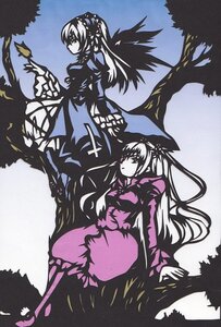Rating: Safe Score: 0 Tags: 2girls barasuishou dress flower image long_hair long_sleeves monochrome multiple_girls outdoors pair profile rose sitting suigintou tree two_side_up very_long_hair wide_sleeves wings User: admin