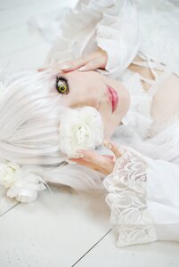 Rating: Safe Score: 0 Tags: 1girl bangs blurry flower kirakishou lips looking_at_viewer one_eye_covered red_lips solo sweater white_flower white_hair white_rose User: admin