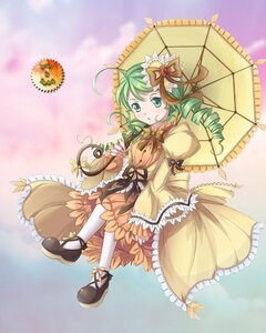 Rating: Safe Score: 0 Tags: 1girl ahoge bow dress drill_hair flower frills green_eyes green_hair image kanaria parasol shoes solo twin_drills umbrella white_legwear yellow_dress User: admin