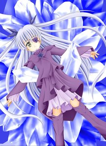 Rating: Safe Score: 0 Tags: 1girl barasuishou dress eyepatch image long_hair long_sleeves looking_at_viewer ribbon silver_hair sky solo thighhighs very_long_hair yellow_eyes User: admin