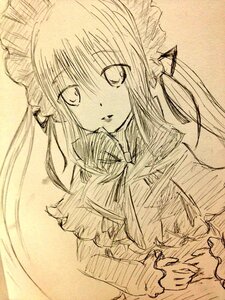 Rating: Safe Score: 0 Tags: 1girl frills hair_ribbon image long_sleeves looking_at_viewer monochrome ribbon shinku sidelocks sketch solo traditional_media upper_body User: admin