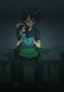 Rating: Safe Score: 0 Tags: 1boy 1girl animal_ears black_hair couch glasses image long_hair red_eyes sitting solo suiseiseki User: admin