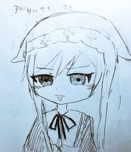 Rating: Safe Score: 0 Tags: 1girl bangs blue_theme dress eyebrows_visible_through_hair hair_between_eyes image long_hair monochrome neck_ribbon open_mouth ribbon solo suiseiseki traditional_media User: admin