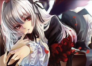 Rating: Safe Score: 3 Tags: 1girl black_dress black_wings blurry commentary_request depth_of_field doll_joints dress feathered_wings feathers finger_to_mouth frills gothic_lolita hairband image joints layered_dress lolita_fashion lolita_hairband long_hair long_sleeves looking_at_viewer lying on_stomach petals red_eyes ribbon rose rozen_maiden silver_hair solo suigintou white_dress wide_sleeves wings yuki_hikari User: admin