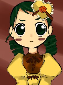 Rating: Safe Score: 0 Tags: 1girl blush blush_stickers crown dress green_eyes green_hair image juliet_sleeves kanaria long_sleeves looking_at_viewer puffy_sleeves red_background simple_background solo upper_body yellow_dress User: admin