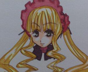 Rating: Safe Score: 0 Tags: 1girl blonde_hair bonnet bow bowtie drill_hair grey_background hat image long_hair long_sleeves looking_at_viewer shinku simple_background solo traditional_media white_background User: admin