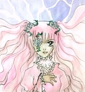 Rating: Safe Score: 0 Tags: 1girl dress flower frills hair_flower hair_ornament image kirakishou long_hair looking_at_viewer pink_hair puffy_sleeves rose solo traditional_media upper_body vines User: admin