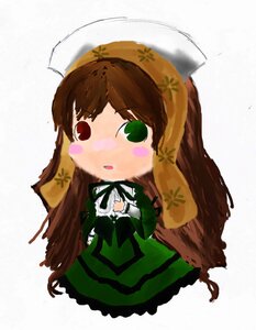 Rating: Safe Score: 0 Tags: 1girl bangs blush_stickers brown_hair chibi dress green_dress green_eyes hat image long_hair long_sleeves rain ribbon solo suiseiseki very_long_hair User: admin