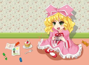 Rating: Safe Score: 0 Tags: 1girl :d blonde_hair blush bow dress food frills green_eyes hair_bow hina_ichigo hinaichigo image mary_janes open_mouth pink_bow shoes short_hair smile solo User: admin