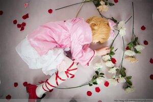 Rating: Safe Score: 0 Tags: 1girl blonde_hair dress flower high_heels hinaichigo long_sleeves lying on_side petals red_footwear ribbon rose rose_petals shoes solo User: admin