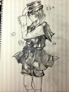 Rating: Safe Score: 0 Tags: 1girl capelet graphite_(medium) greyscale hat image kneehighs long_sleeves monochrome ribbon short_hair skirt smile solo souseiseki traditional_media User: admin