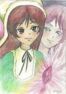Rating: Safe Score: 0 Tags: 2girls bonnet brown_hair green_dress green_eyes heterochromia image long_hair looking_at_viewer multiple_girls pair signature smile souseiseki suiseiseki swept_bangs traditional_media User: admin