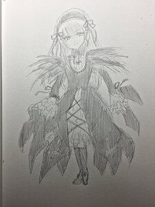 Rating: Safe Score: 0 Tags: 1girl auto_tagged boots dress full_body greyscale hairband image long_hair long_sleeves looking_at_viewer monochrome simple_background solo standing suigintou traditional_media white_background wings User: admin