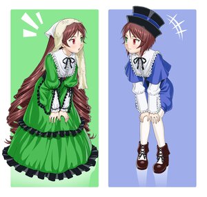 Rating: Safe Score: 0 Tags: 2girls blush boots brown_hair commentary_request dress drill_hair frills green_dress green_eyes hairband hat heterochromia ichikawa_masahiro image long_hair long_sleeves multiple_girls pair pantyhose red_eyes rozen_maiden short_hair siblings sisters souseiseki suiseiseki top_hat twins very_long_hair white_legwear User: admin