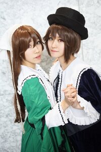 Rating: Safe Score: 0 Tags: 2girls brown_hair chain-link_fence dress fence green_dress hat heterochromia holding_hands lips long_hair long_sleeves looking_at_viewer multiple_cosplay multiple_girls red_eyes short_hair siblings sisters smile souseiseki suiseiseki tagme twins User: admin