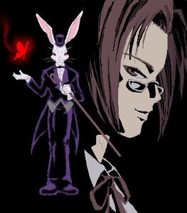 Rating: Safe Score: 0 Tags: 1boy 2boys animal_ears artist_request black_background brown_eyes brown_hair bug bunny butterfly cane evil_smile formal glasses gloves hat humanization image insect laplace_no_ma lowres neck_ribbon pince-nez red_butterfly ribbon rozen_maiden smile solo suit top_hat white_gloves User: admin