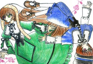 Rating: Safe Score: 0 Tags: black_ribbon blue_dress brown_hair dress frills full_body green_dress green_eyes hat head_scarf heterochromia image long_sleeves looking_at_viewer multiple_girls pair red_eyes ribbon short_hair sisters souseiseki suiseiseki top_hat traditional_media white_background User: admin