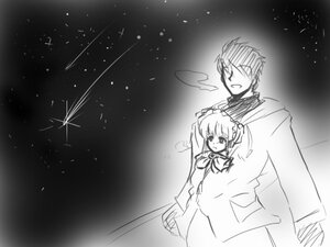 Rating: Safe Score: 0 Tags: 1boy 1girl auto_tagged breath coat greyscale image looking_up monochrome night night_sky outdoors shinku sky solo star_(sky) starry_sky User: admin