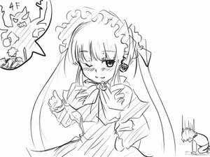 Rating: Safe Score: 0 Tags: 2girls auto_tagged blush bonnet dress greyscale image long_hair long_sleeves looking_at_viewer monochrome multiple_girls one_eye_closed shinku simple_background smile solo suigintou twintails upper_body very_long_hair white_background User: admin