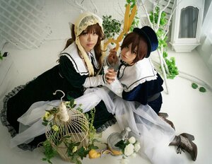 Rating: Safe Score: 0 Tags: 2girls birdcage brown_hair cage dress flower food fruit hat multiple_cosplay multiple_girls sitting souseiseki tagme User: admin
