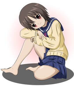 Rating: Safe Score: 3 Tags: 1girl blush brown_hair cardigan feet human image kashiwaba_tomoe long_sleeves pantyhose pleated_skirt red_eyes school_uniform serafuku short_hair sitting skirt smile solo User: admin