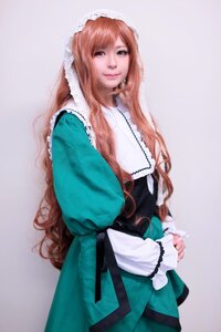 Rating: Safe Score: 0 Tags: 1girl apron bangs dress frills green_dress green_eyes lips long_hair long_sleeves necklace smile solo User: admin