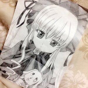 Rating: Safe Score: 0 Tags: 1girl eyebrows_visible_through_hair flower graphite_(medium) image long_hair long_sleeves looking_at_viewer monochrome photo ribbon rose shikishi shinku solo stuffed_animal traditional_media upper_body User: admin