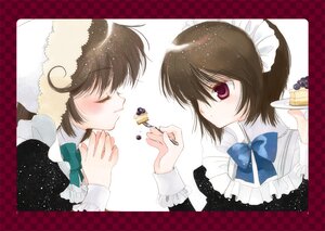 Rating: Safe Score: 0 Tags: apron argyle argyle_background blush bow bowtie brown_hair checkered checkered_background checkered_floor closed_eyes food frills image long_sleeves maid maid_headdress pair profile souseiseki suiseiseki User: admin