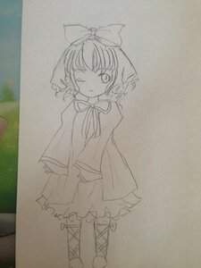 Rating: Safe Score: 0 Tags: 1girl bow dress eyebrows_visible_through_hair hinaichigo image long_sleeves looking_at_viewer monochrome one_eye_closed short_hair solo standing traditional_media User: admin
