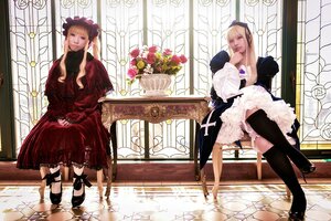 Rating: Safe Score: 0 Tags: 2girls black_legwear blonde_hair dress dual_persona flower hat lolita_fashion long_hair multiple_cosplay multiple_girls sitting tagme thighhighs User: admin
