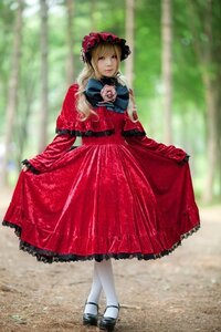 Rating: Safe Score: 0 Tags: 1girl blonde_hair blurry blurry_background bonnet dress flower full_body long_sleeves looking_at_viewer outdoors pantyhose red_dress shinku shoes skirt_hold solo standing white_legwear User: admin
